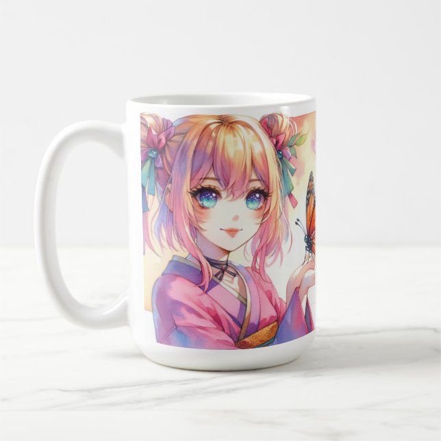 Caneca De Café Menina de animação segurando uma borboleta (Esquerda)