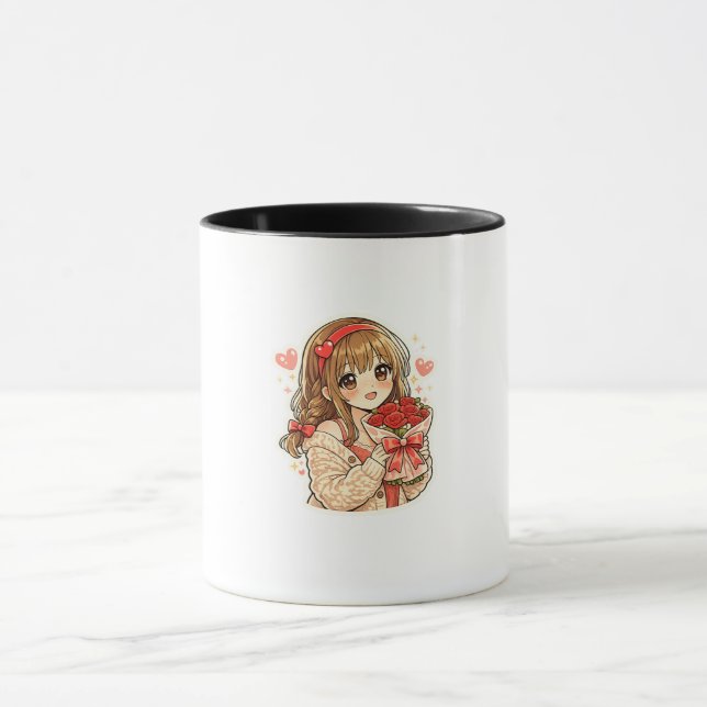 Caneca de Café Menina de Anime Fofa Segurando Rosa (Centro)