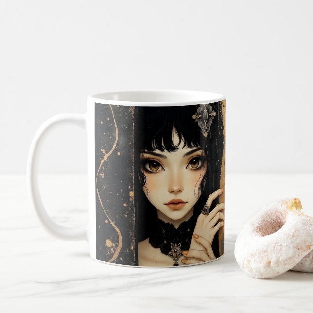 Caneca De Café Menina de anime gótica preta e dourada (Com Donut)