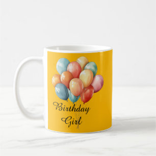 Caneca De Café Menina de Aniversário Balões Coloridos  