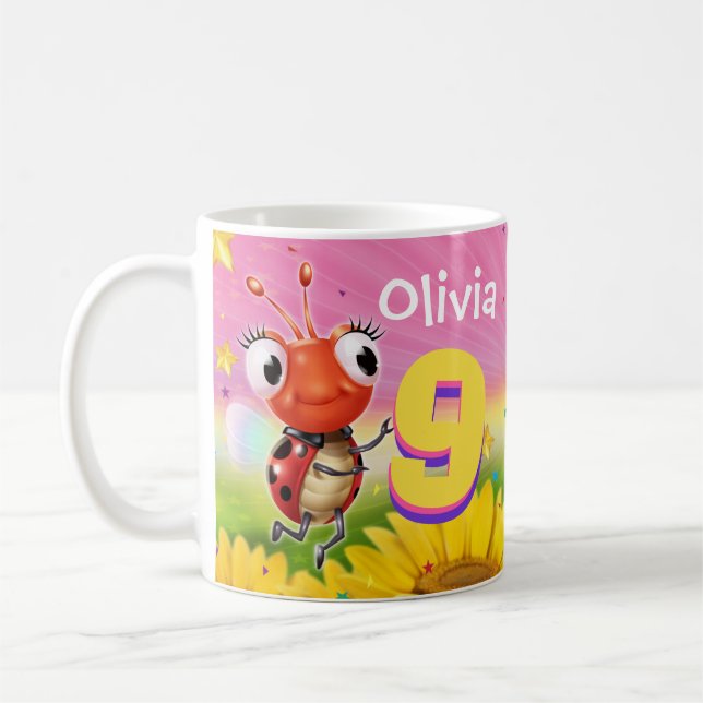 Caneca De Café Menina de aniversário personalizada 9anos Ladybug (Esquerda)