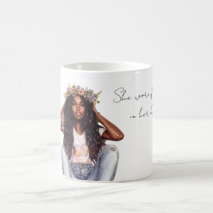Caneca De Café Menina de Cabelo Preto Flores no Cabelo