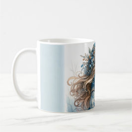 Caneca De Café Menina de Inverno com Pássaro em Casaco Floral Azu