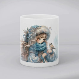 Caneca De Café Menina de Inverno com Pássaro em Casaco Floral Azu