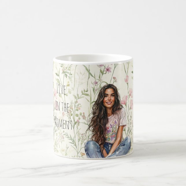 Caneca De Café Menina do Cabelo Castanho Flores (Centro)