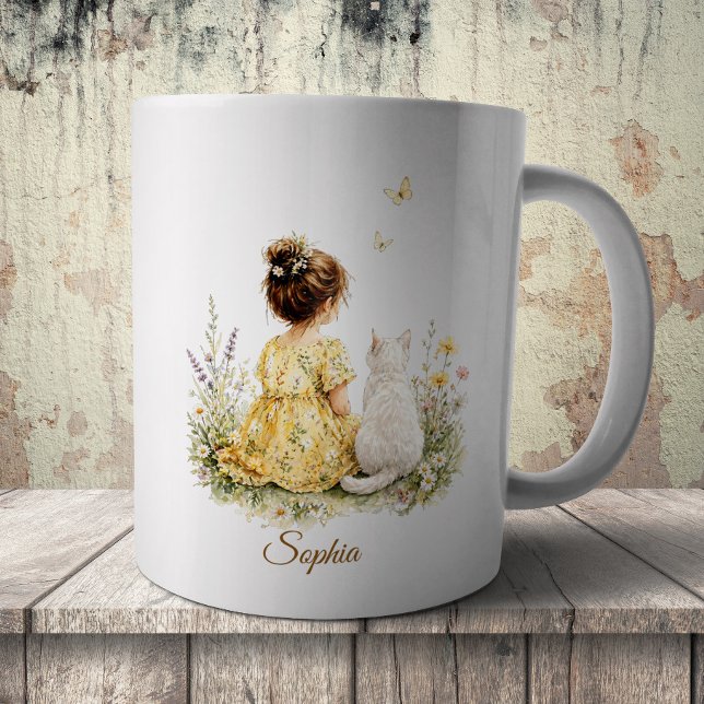 Caneca De Café Menina e Gato Branco (Criador carregado)