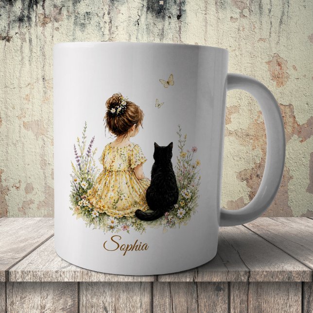 Caneca De Café Menina e Gato Preto (Criador carregado)