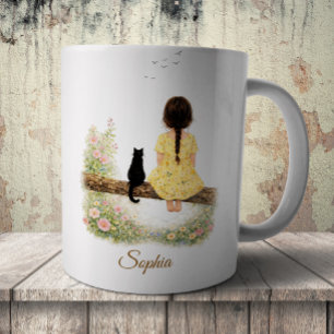 Caneca De Café Menina e Gato Preto no Galho