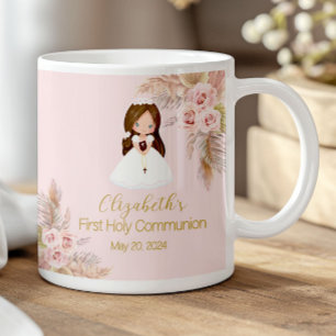 Caneca De Café Menina Elegante Primeira Comunhão Boho Floral Rosa