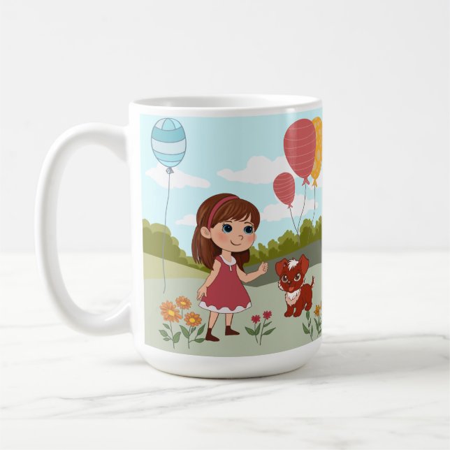 Caneca De Café Menina Fofa com Cachorro e Balões (Esquerda)