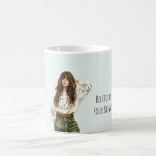 Caneca De Café Menina Jeans Verde Cabelo Castanho Franja