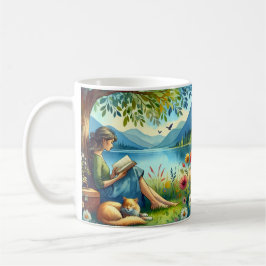 Caneca De Café Menina lendo um livro sob uma árvore com um gato s