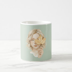 Caneca De Café Menina Loira Verde Folha Amarela Caindo