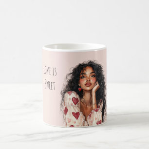 Caneca De Café Menina Negra Corações Vermelhos Dia dos Namorados 