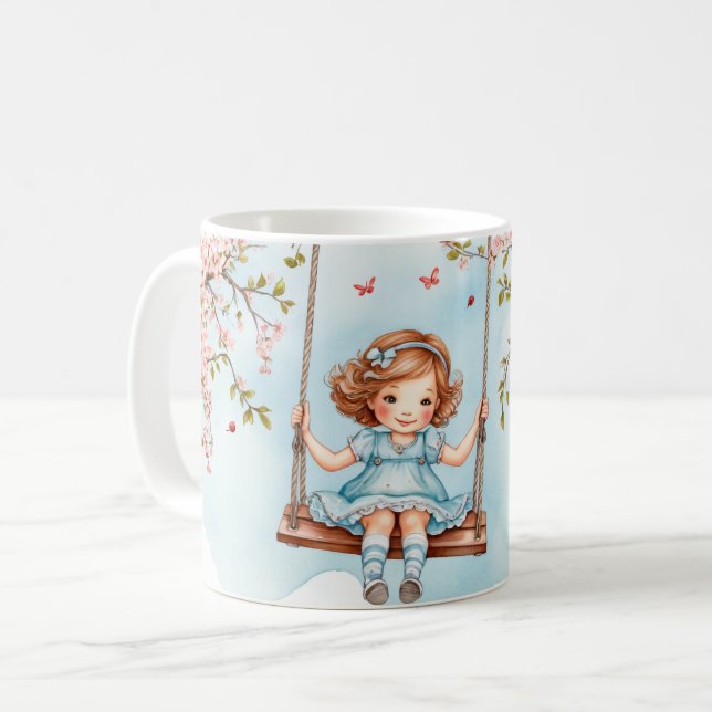 Caneca De Café Menina no balanço Cerejeiras em flor (Frente Esquerda)