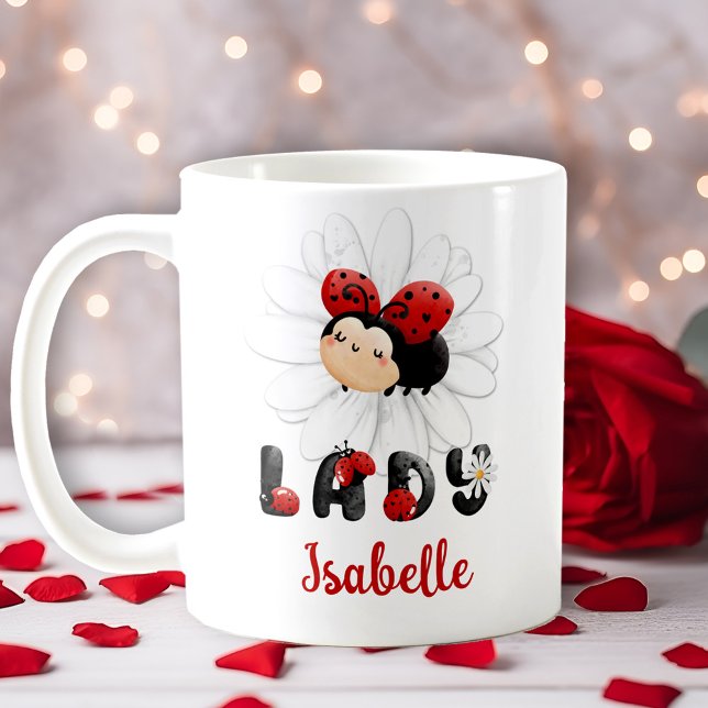 Caneca De Café Menina Personalizada de Ladybug Cute Mug (Cute Ladybug Personalized Girl Name Mug)