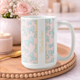 Caneca De Café Menina Personalizada Laço Fofo Nome Azul Rosa