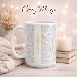 Caneca De Café Menina Personalizada Laço Fofo Nome Azul Rosa