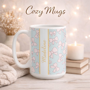 Caneca De Café Menina Personalizada Laço Fofo Nome Azul Rosa