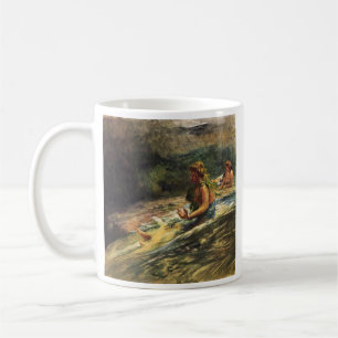 Caneca De Café Menina que desliza abaixo da queda da água -