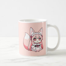 Caneca de Café Menina Raposa Chibi Rosa Pastel