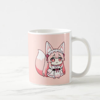 Caneca de Café Menina Raposa Chibi Rosa Pastel