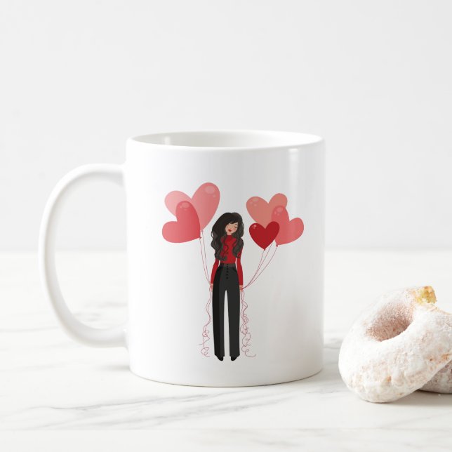Caneca De Café Menina rosa bonita com balões cardíacos (Com Donut)