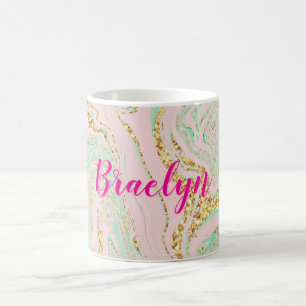 Caneca De Café Menina Rosa Girly e Feminina e Dourada Marblagem