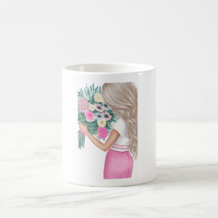Caneca De Café Menina Segurando Buquê Floral Estético Clássico