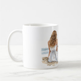 Caneca De Café Menina Vestido Praia Lugar Feliz Concha Coração