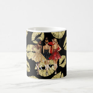 Caneca De Café Meninas em Glam Gold Vestidos Pretos Vermelhos Bei
