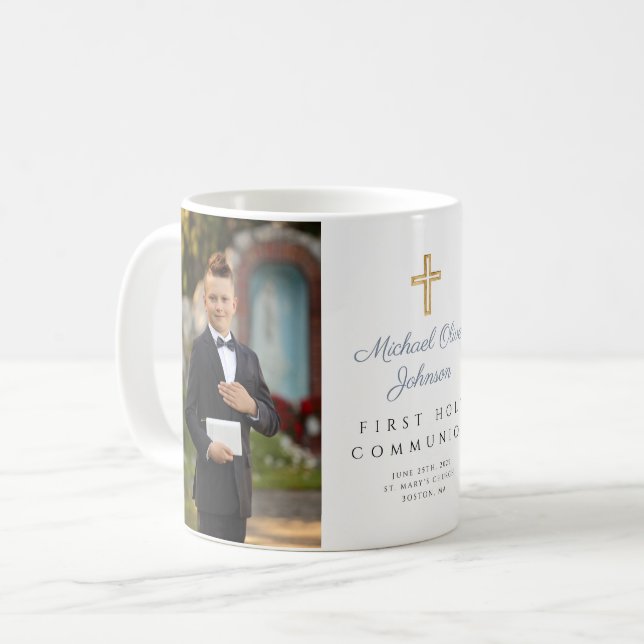 Caneca De Café Menino Primeira Comunhão Cruz Religiosa Foto (Frente Esquerda)