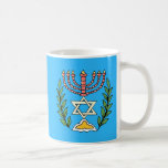 Caneca De Café Menorá Persa Magen David<br><div class="desc">Esta imagem foi adaptada de um antigo azulejo judaico persa e apresenta uma menorá com um Magen David (Estrela de Davi) enquadrado por ramos de oliveira. As imperfeições da imagem original,  pintada à mão,  foram preservadas.Adicione seu próprio texto no verso.</div>