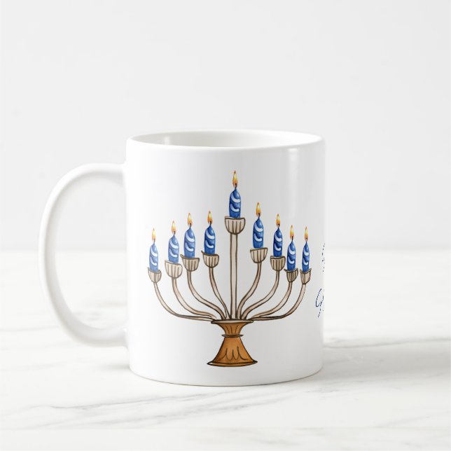 Caneca De Café Menorah com as velas queimadas Feliz Hanukkah (Esquerda)