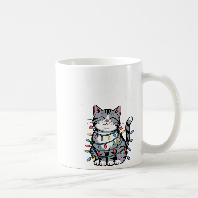 Caneca De Café Meowy Christmas Cute Gray Tabby Cat Holiday Lights (Direita)