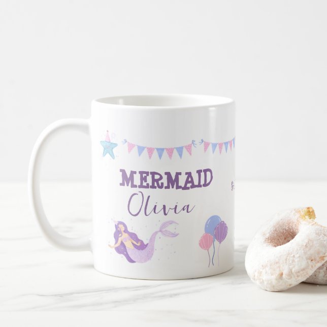 Caneca De Café Mermaid aniversário garota rosa púrpura (Com Donut)