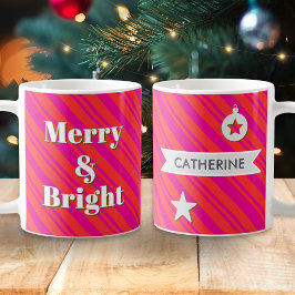 Caneca De Café Merry and Bright Red and Pink Candy Stripe Custom