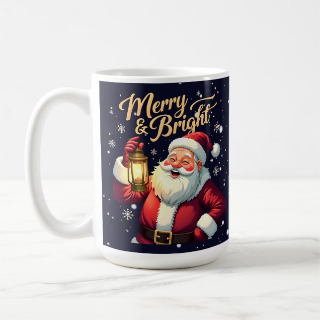 Caneca De Café Merry Bright Santa Holding Lantern Illustration (Esquerda)
