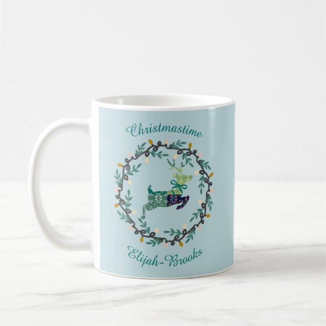 Caneca De Café Merry Christmas Deer with Wreath Teal Customize (Esquerda)