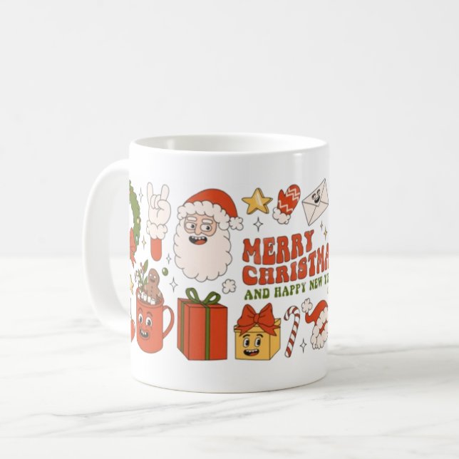 Caneca De Café Merry Christmas & Happy New Year Cute Cartoon Xmas (Frente Esquerda)
