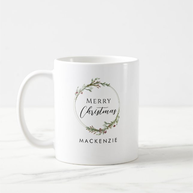 Caneca De Café Merry Christmas Minimalist Name Wreath (Esquerda)
