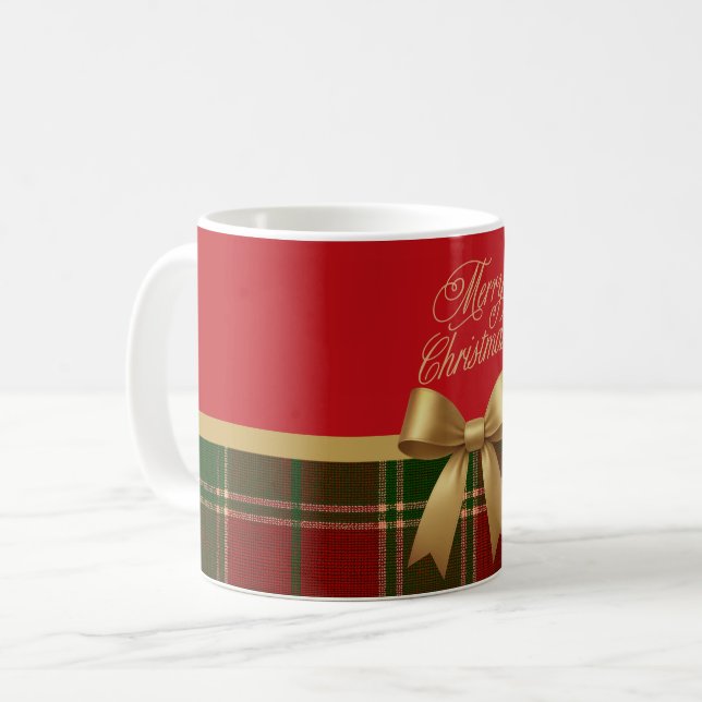 Caneca De Café Merry Christmas Plaid Mug with Gold Bow (Frente Esquerda)