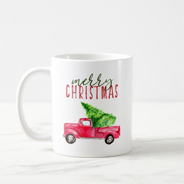 Caneca De Café Merry Christmas Red Pickup tree aquarela (Esquerda)