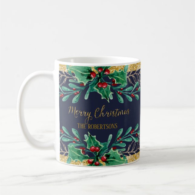 Caneca De Café Merry Christmas Script Marinho Dourado Red Waterco (Esquerda)