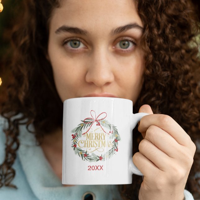 Caneca De Café Merry Christmas Wreath Holiday Coffee Mug (Modern Elegant Merry Christmas Mug)