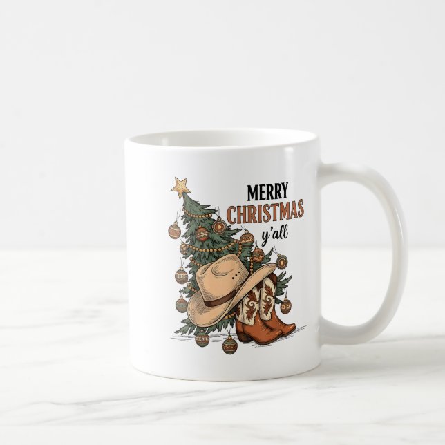 Caneca De Café Merry Christmas Y'all Western Cowboy Boots Hat Xma (Direita)