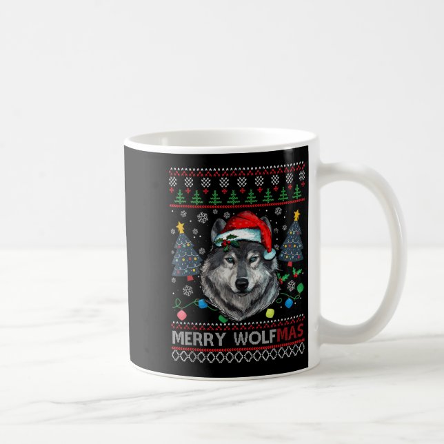 Caneca De Café Merry Wolfmas Merry Christmas Wolf Ugly Sweater Fu (Direita)