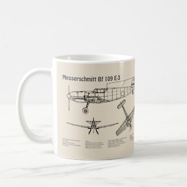 Caneca De Café Messerschmitt Bf 109 - Airplane Blueprint SD (Esquerda)