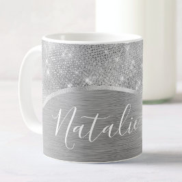 Caneca De Café Metálico Personalizado Da Glitter De Prata Glam