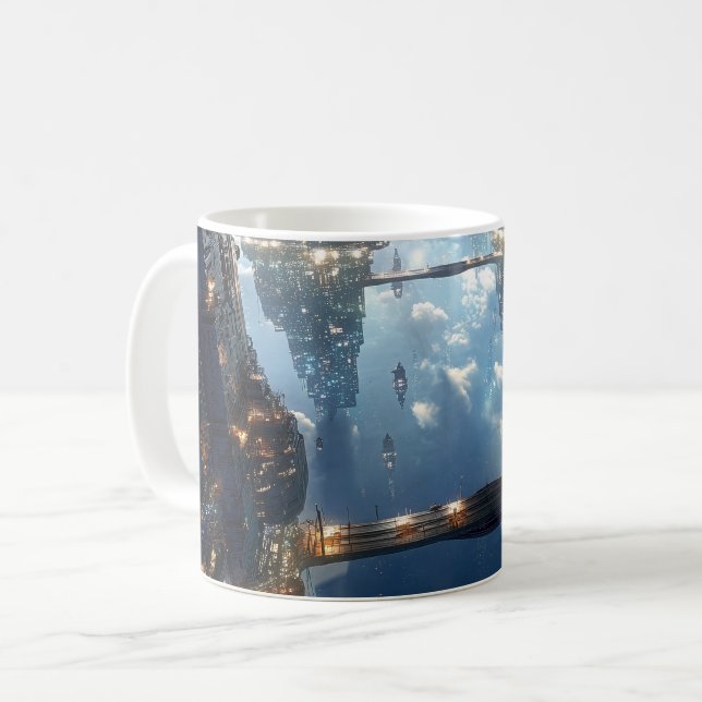 Caneca De Café Metrópole Flutuante no Céu (Frente Esquerda)
